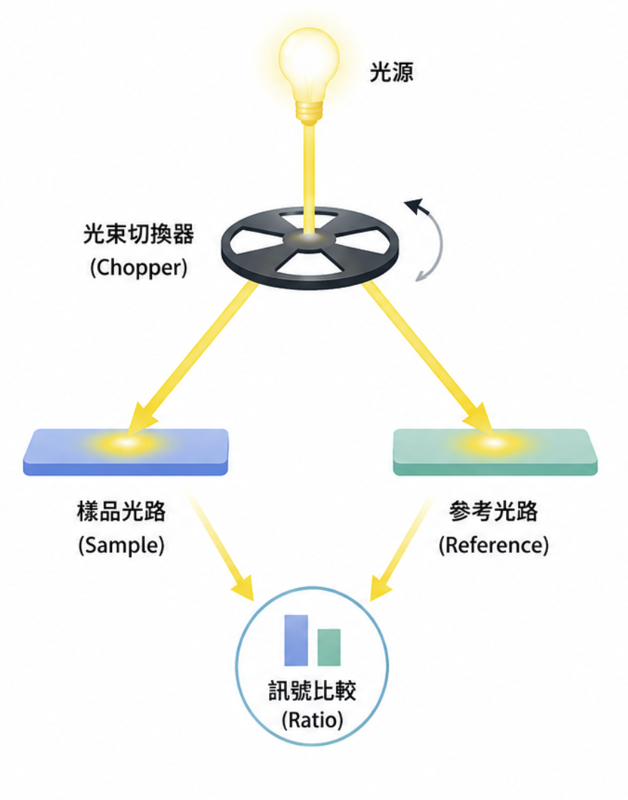 雙光束系統原理圖:光源經光束切換器形成樣品光路與參考光路,最後進行訊號比較