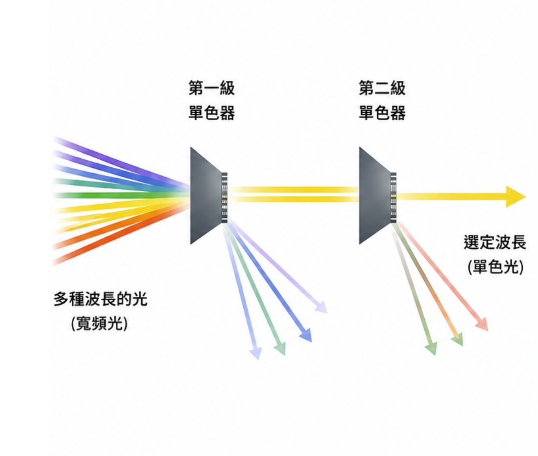 雙單色器系統原理圖:寬頻光經兩級單色器連續選光後輸出選定波長