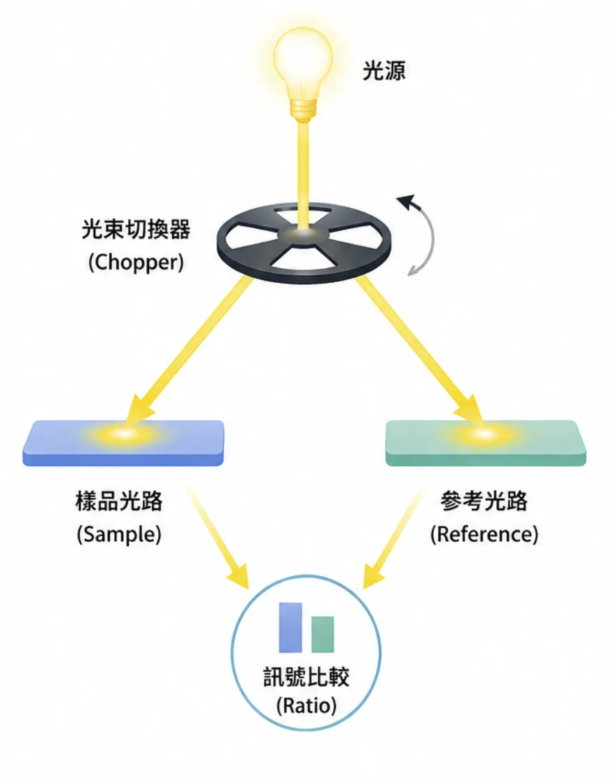 Double Beam 雙光束系統原理圖：光源經光束切換器形成樣品光路與參考光路，最後進行訊號比較